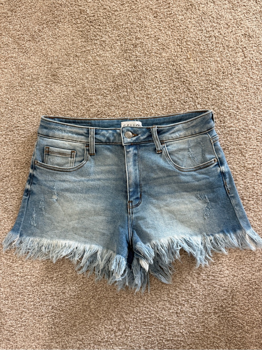 CELLO Distressed Light Blue Denim Frayed-Hem Shorts